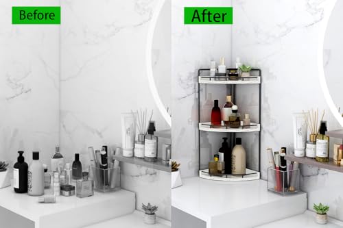 Image of Dorhors 3-Tier Corner Bathroom Organizer Countertop for Storage,Vanity Tray,Wood Counter Organizer for Kitchen,Bathroom,Dresser (Rustic White)