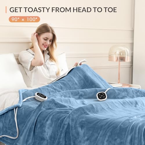 Image of HOMLYNS LuxeHeat Heated Blanket Electric Blanket King Size, Soft Flannel Sherpa Heating Blanket with 10 Heat Settings, 1-10 hrs Timer Auto Shut Off (90x100 inches, Blue), Only for 120V Voltage Use