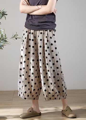 chouyatou Women's Polka Dot Print Elastic Waist Wide Leg Cotton Linen Pants Floral Capri Palazzo Trousers3