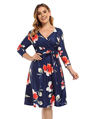 Amz Plus Womens V-Neck 3/4 Sleeve A Line Midi Faux Wrap Plus Size Cocktail Party Swing Dress Printed A Xl #TOP4