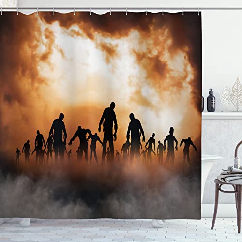 Ambesonne Halloween Shower Curtain, Zombies Dead Men Walking Body in The Doom Mist at Night Sky Haunted Theme Print, Cloth Fabric Bathroom Decor Set with Hooks, 69