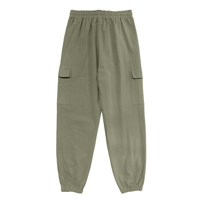 Mens Linen Cargo Pants Solid Beach Casual Tapered Pants Summer Vacation Drawstring Trousers Outdoor Plain Slacks4