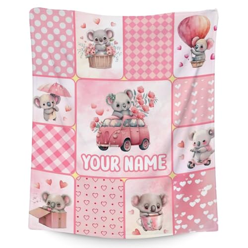 Personalized Koala Blanket Gifts with Name - 40"x50" Cute Throw for Women, Girls - Pink Soft Fuzzy Blankets for Couch & Sofa