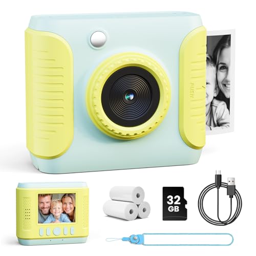 CalineGam Kids Camera Instant Print, 1080P HD instantcamera voor kinderen met 32 GB-kaart en fotopapier, 2,4-inch scherm, kerst- en verjaardagscadeaus voor jongens en meisjes van 3 tot 12 jaar(Groen)