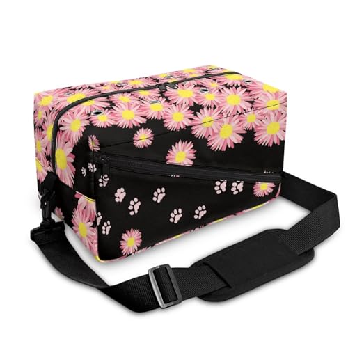 Image of Drnuikhe Pink Daisy Flower Crochet Bag Knitting Bag with Shoulder Straps Traveling Crochet Bags Yarn Bag for Carrying Crochet Hooks, Knitting Kit, Skein Yarn Wool, Project