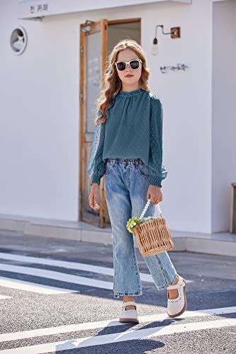 Image of Arshiner Girls Long Sleeve Shirts Chiffon Blouses Swiss Dot Frill Neck Top