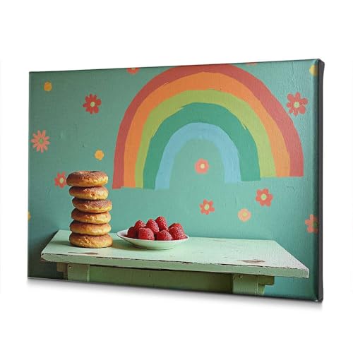 Toile pour salle de bain déco baptême bagels fraises arc-en-ciel