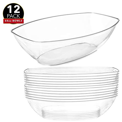 12 Clear Plastic Serving Bowls for Parties | 64 Oz. | Oval Disposable