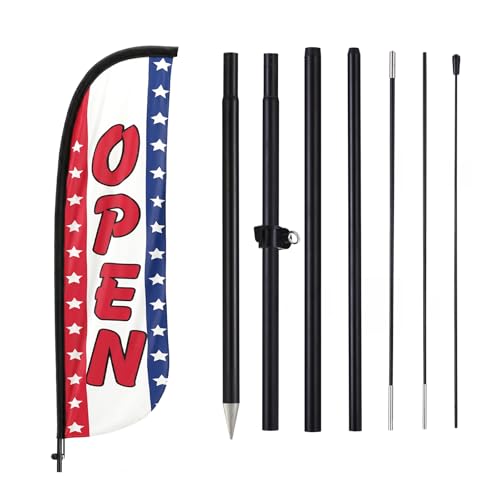 Open Feather Flag Kit for Business with Pole and Ground Stake 8ft Swooper Flag Banner Signs for Outside Grand Opening Storefront Sidewalk Events Promotion Advertising (Stars Stripes OPEN)