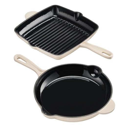 Cooks Professional 2 Piece Cast Iron Frying Pan & Skillet Set | Heavy-Duty Cooking Pans with Enamel Interior | Oven Safe to 260°C, Induction & All Hob Compatible | PFAS, PFOA & PTFE-Free | Ivory