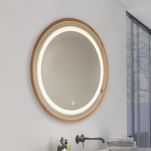 M Ledme - Miroir de Salle de Bain Lumineux 60x60cm, Miroir Rond en Bois 15W, intensité Variable, 3 Couleurs d'éclairage, Interrupteur Tactile, Verre trempé...
