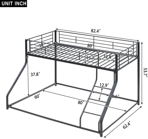 Metal Floor Bunk Bed, Twin XL Over Queen Bunk Bed with Ladder and Guardrail for Teens and Adults, Twin XL/Queen