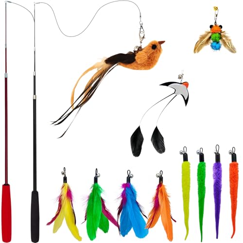 miwoowim-Interactive-Cat-Wand-Toy-Set-2-Telescopic-Rods-11-Attachments-Teaser-refills-for-indoor-cats2-retractable-fishing-poles-with-wormbird-feather-toys-replacement-Durable-cat-string-toy miwoowim Interactive Cat Wand Toy Set, 2 Telescopic Rods & 11 Attachments | Teaser refills for indoor cats,2 retractable fishing poles with worm,bird & feather toys replacement. Durable cat string toy - Image 1