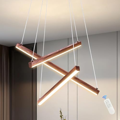 Mccokaige 16" Walnut 3-Light Modern Led Chandelier for Kitchen Dimmable Linear Led Chandelier Bedroom Modern Pendant Light with Remote Control for Living Room Kitchen Bedroom Foyer