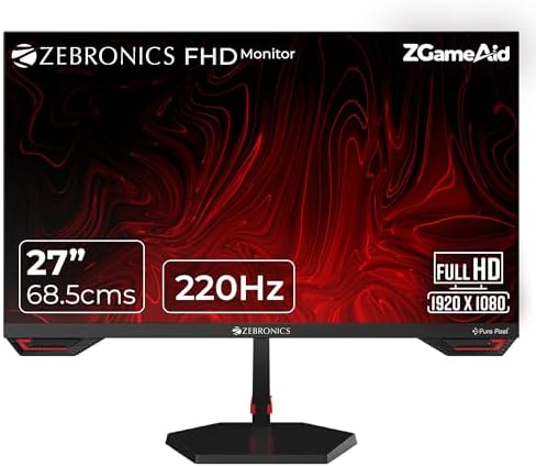 Zebronics S27A 27"" (68.5 cm) Gaming Monitor, 220Hz Refresh Rate, Fast IPS Display, HDMI, DP, FHD 1920x1080, 350nits Brightness, Built-in Speakers, ZGame Aid, Adaptive Sync, Bezel-less, Wall Mountable
