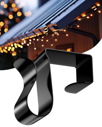 Gutter Clips for Hanging Outdoor Lights: 50 Pcs Metal Black Christmas Light Clips for outside String Lights - Weatherproof Gutter Clips for Xmas Halloween Seasonal Rope Mini Decoration Lights