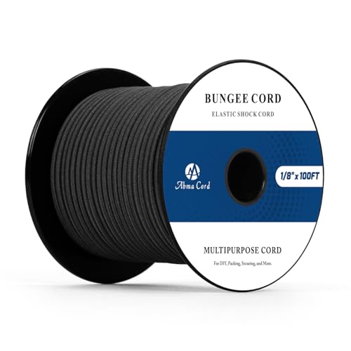 Abma Cord Bungee Cord 1/8in x 100ft Elastic Shock Cord 100% Stretch Elastic Bungee Rope for Tarpaulin Trailer Backpack Tent Pole Kayak - Black