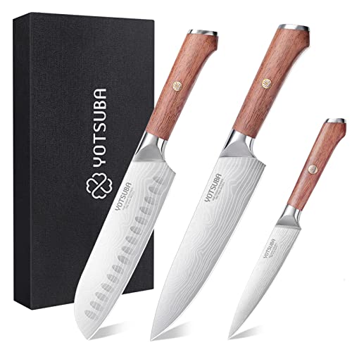 YOTSUBA Kitchen Knife Set, Chef Knife Set, Sharp High Carbon Stainless Steel Forged Blade Kitchen Knives Set with Ergonomic Rosewood Handle, Natural Wood