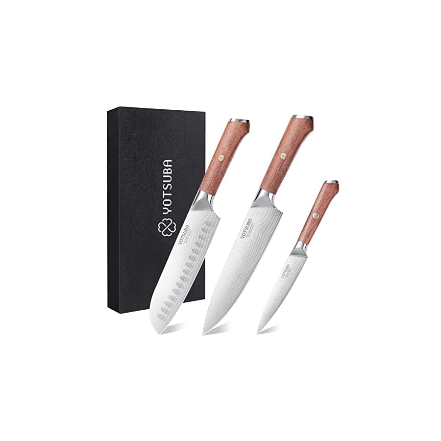 YOTSUBA Kitchen Knife Set, Chef Knife Set, Sharp High Carbon Stainless Steel Forged Blade Kitchen Knives Set with Ergonomic Rosewood Handle, Natural Wood