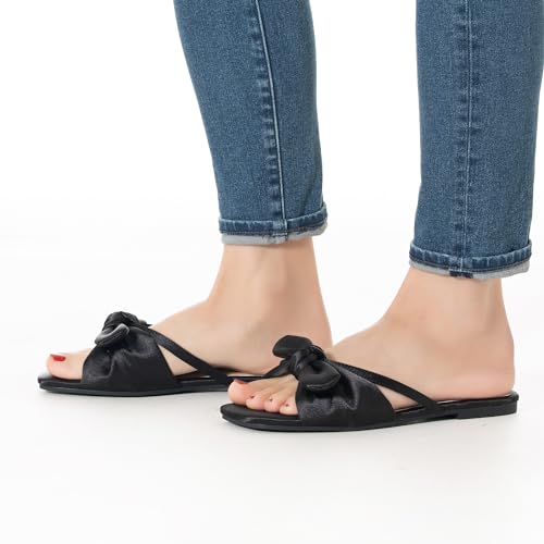 Mtzyoa MZ-A-93B-112-24 Women Flat Sandals Black Satin Size 8 Cute Bow Cream Vacation Cute Bowtie Summer Casual Vacation Bohemian Ladies Leather Beach Comfy Champagne Slides thumb #4
