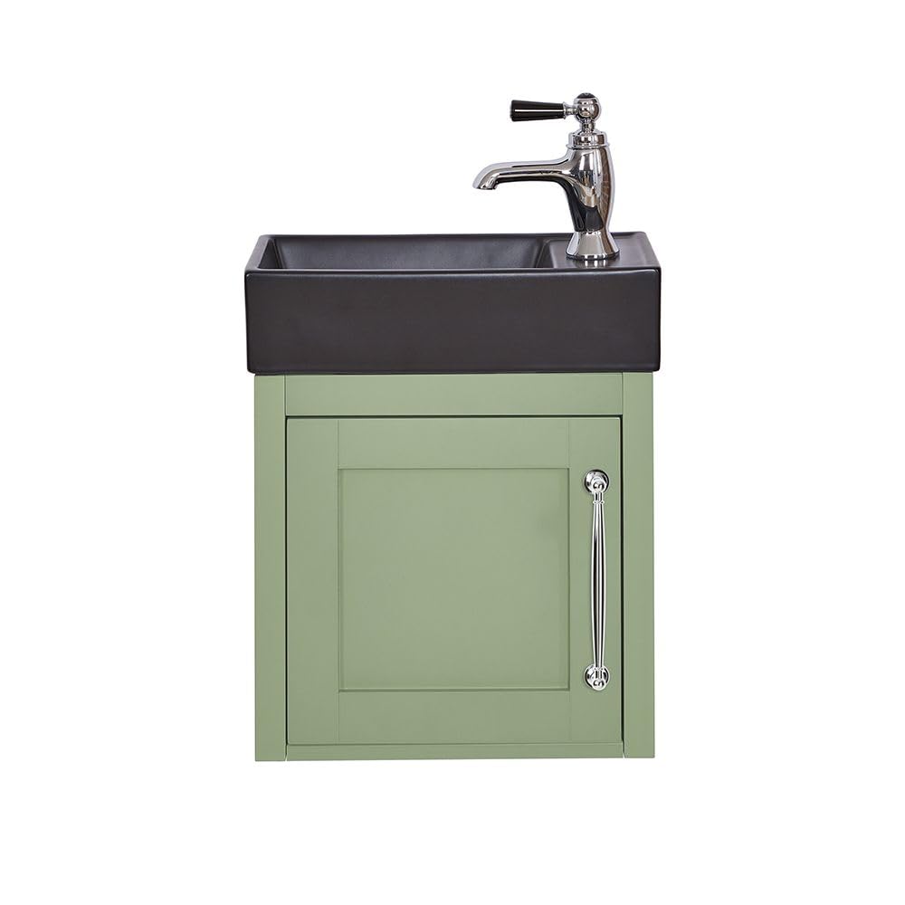 Milano Chrome (T Bar) Thornton Pastel Green 400Mm Wall Hung Bathroom Vanity Unit Black Basin Chrome Handle