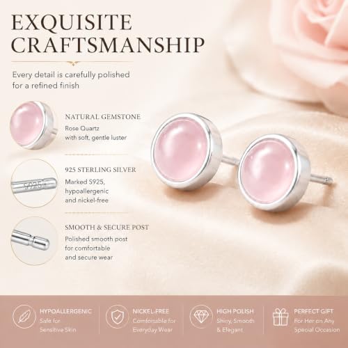 Rose Quartz Stud Earrings for Women 925 Sterling Silver Hypoallergenic - image 2
