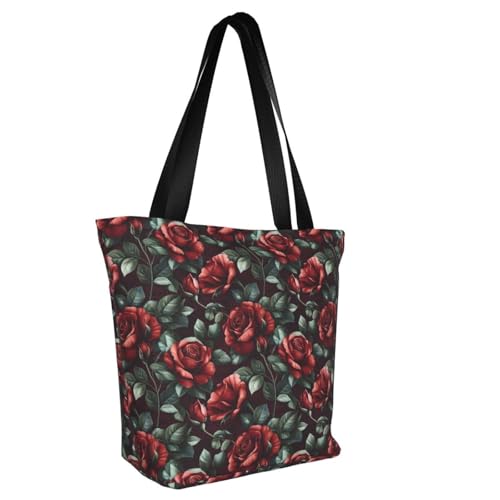 Nevjipu Bolsas de trabajo para mujer, ligeras, reutilizables, vintage, con estampado de rosas rojas, bolsas de compras para mujer, bolsa de hombro de viaje mediana con cremallera