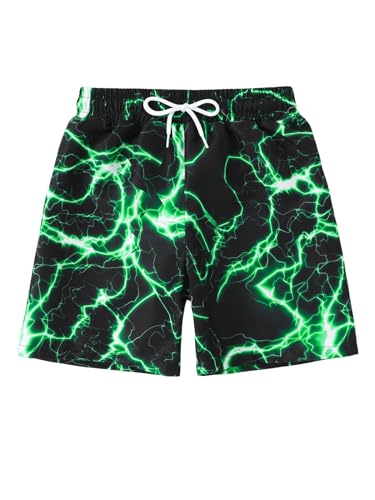 Floerns Boy's Fashion Ice Cream Drawstring Waist Summer Swim Trunks Shorts Black Green Lightning 8 Years