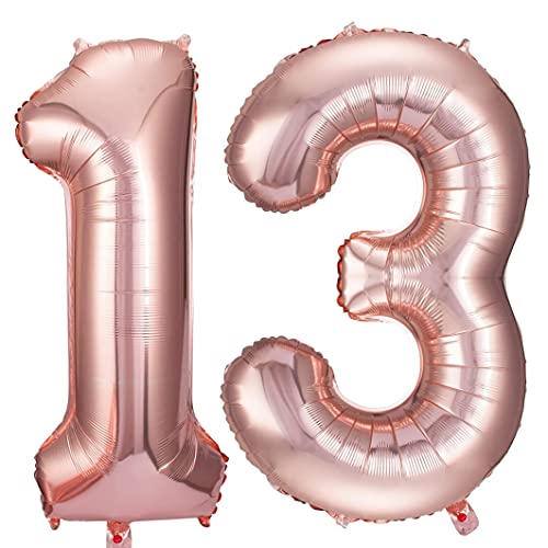 Rose Gold 13 Number Balloons Big Giant Jumbo Large Number 13 Foil Mylar Balloons for Girl Boy 13th Birthday Party Supplies 13 Anniversary Events Decorations-40 inch