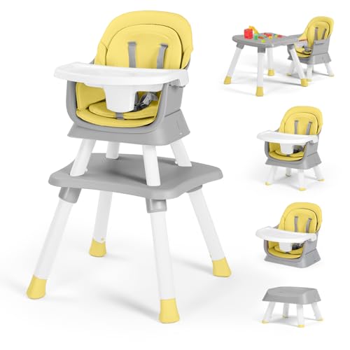Image of Kinder King 8 in 1 Baby High Chair, Coverts to Dining Booster Seat/Kids Table & Chair Set/Toddler Building Block Table/Kids Stool, Removable Tray & Double Seat Cover, Easy to Wipe,Yellow