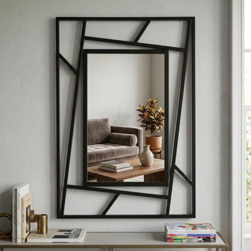 Image of Wakefit Decorative Rectangle Wall Mirror - 38 Inch | Metal Frame Wall Mirror for Living Room Bedroom Entryway Dressing Room Modern Home Decor & Gifting | Spro Black - 37.4x25.6x0.8 Inch