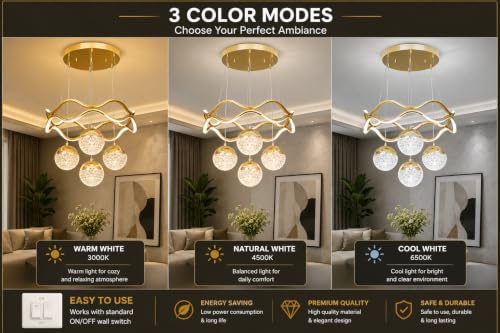 Image of Elegant Chandelier Ceiling Light for Living Room Hanging Pendant Light | Italian K9 Crystals | Metal Frame | Adjustable LED Light-Pack of 1 (4 Ball Light-Gold)
