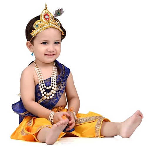 Image of ITSMYCOSTUME Krishna Dress for Baby Boy Kids Set of 10(Dhoti,Hip Cover,Patka,Mukut,Morpankh,Bansuri,Kamarband,Bajuband,Kundal) Little Krishna Ji Kanha Janmasthmi Costume