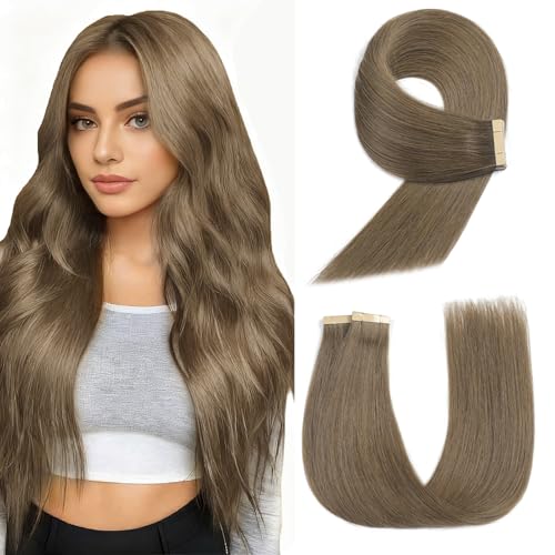 Image of YDDM Human Hair Extensions, Cold Light Chocolate Brown 20 Inch 20pcs,Skin Weft Seamless Tape in Hair Extensions Remy Straight Hair for Women