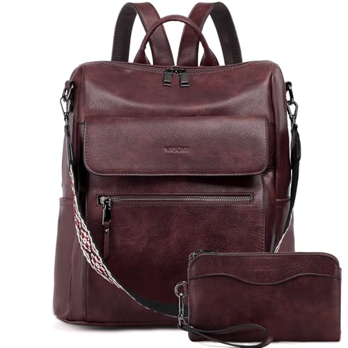 VASCHY Backpack for Women, Large Vegan Leather Rucksack with Wallet Set Convertible Handbag for Lady Guitar Strap Burgundy