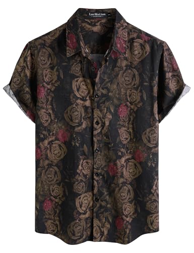 LucMatton Men's 70s Hawaiian Shirt Vintage Print Short-Sleeve Button-Down Shirts for Summer Vacation & Beach Black Antique Rose Large