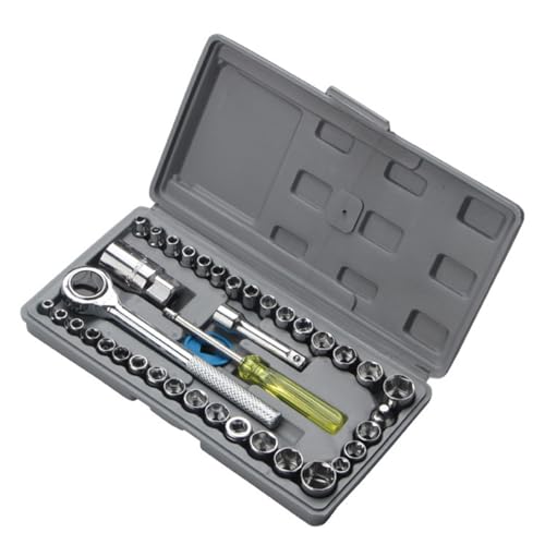 Juego de 40 llaves de trinquete de 3/8 pulgadas con estuche de almacenamiento, incluye llaves SAE de 1/4 y 3/8 pulgadas y llaves métricas, mango giratorio y barra de extensión para reparación de