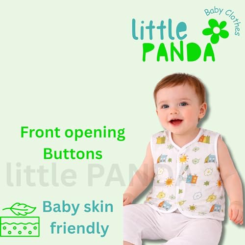 Image of little PANDA Muslin Cotton Baby Jabla | Soft Breathable Newborn Jhabla for Baby 0-3 & 3-6 Months | Organic Cotton Sleeveless Front Open Vest for Boys & Girls