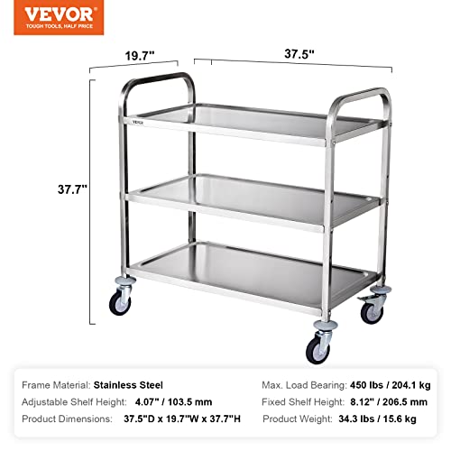 Vevor Kitchen Utility Cart, 3 Tiers, Wire Rolling Cart W/ 450Lbs Capacity, Steel Service Cart On Wheels, Metal Storage Trolley W/ 80Mm Basket Curved Handle Pp Liner 6 Hooks, For Indoor And Outdoor Use #TOP6