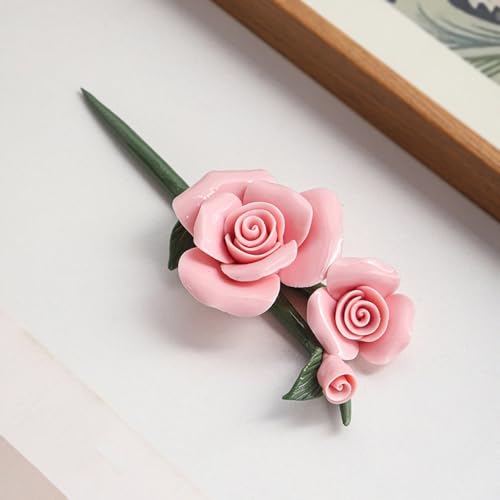 DECRZPB Handcrafted Ceramic Flowers Pink roses Artificial Sculpture 3D Home Art Decor Table Decoration