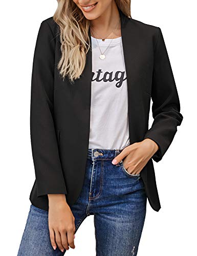 GRAPENT Women's Black Open Front Business Casual Pocket Long Sleeves Work Office Blazer Jacket Suit Outerwear Small US 4-6