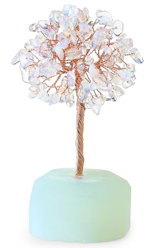 QINJIEJIE Opal Healing Crystals Tree of Life Decor - Natural Crystal Stone Reiki Gemstone White Opalite Base Copper Wire Home Office Decorations Spiritual Feng Shui Gift