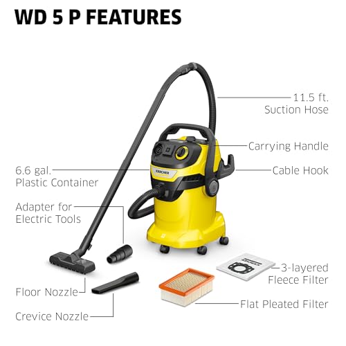 Image of KARCHER Shop Vacuum WD 5 P, 6.6 Gal, 6.0 Peak HP, 33 ft Reach, Wet Dry Vacuum Cleaner, Heavy Duty, Blower Function, Crevice Tool, Floor Nozzle, Great for DIY Projects and Workshops