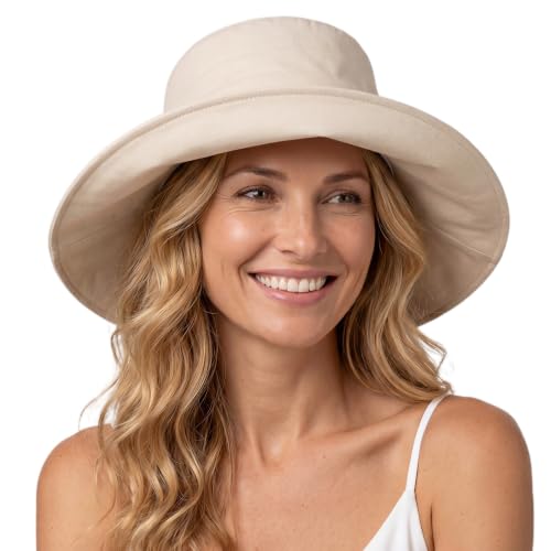 Comhats ChicPony Pferdeschwanz Sonnenhut Damen mit breiter Krempe UV-Sonnenschutz Hut Frauen Sommer Faltbar Baumwolle Leinen Strandhut Gartenarbeit Biege L