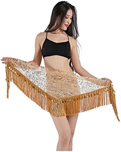 Women's Belly Dance Hip Scarf Tassels Fringed Sequins Scarf Performance Outfits Skirt Festival Clothing (Gold Coin, Camel)