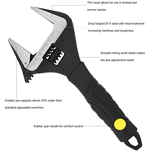 10-Inch Adjustable Wrench With Grip - Deep Jaw, Wide Mouth, Anti-Rust Black Oxide Finish, For Plumbing, Automotive, And Household Repairs - Metric Scale Marked, Non-Slip Handle, Black #TOP2