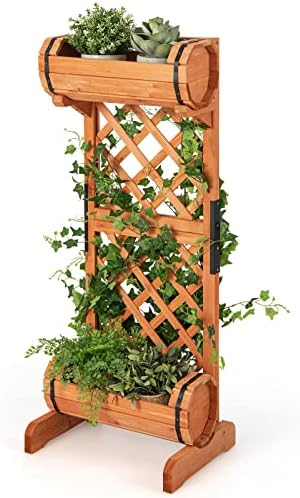Safstar Raised Garden Bed with Trellis, Outdoor Wood Garden Planter W/ 2-tier Round Planter Box & Trellis for Vine Climbing Plants Growing, Vertical Plant Container for Garden Patio Balcony, Orange