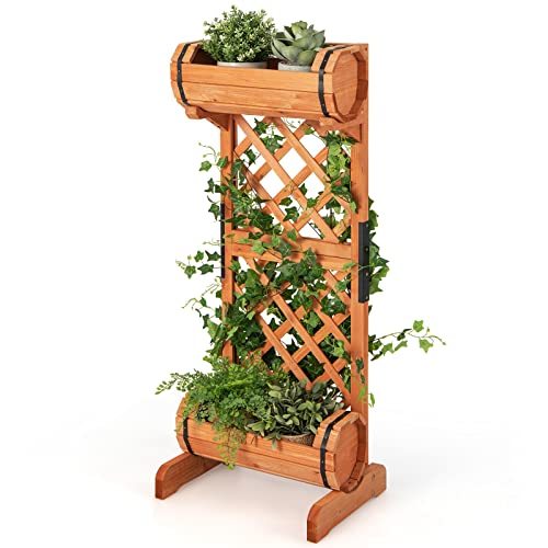 COSTWAY 2 Etagen Pflanzkasten mit Rankgitter, Blumenkasten aus Holz mit Spalier, Gartenspalier mit 2 Rankkästen für Kletterpflanzen, Hochbeet Tannenholz, für Garten Terrasse Balkon, 45,5x36x113cm