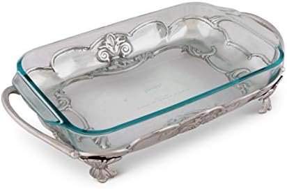 Arthur Court Metal Pyrex Glass Casserole Dish Holder Fleur-De-Lis Pattern Sand Casted in Aluminum with Artisan Quality Hand Polished Design Tarnish-Free 17 inch Long 3 Qt Removable Dish Included - Thumbnail 2