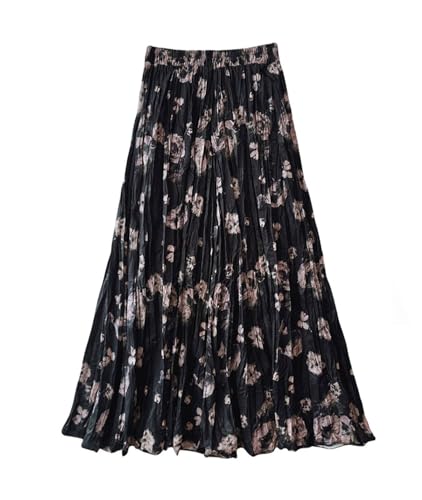 Women’s Pleated Long Skirts Elastic High Waist Vintage Long Floral Skirt Swing Flowy A-Line Maxi Beach Skirt